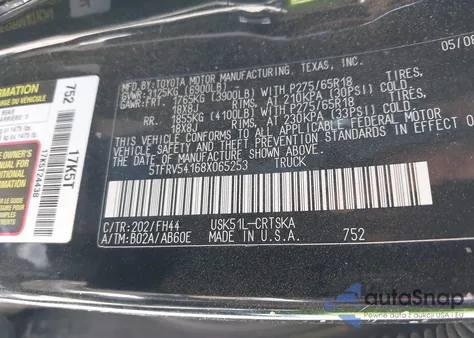 2008 Toyota Tundra Sr5 5.7L V8 из США, поврежденный, VIN 5TFRV54168X065253